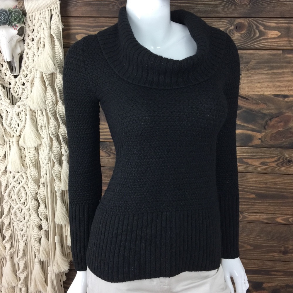 WHBM | Sparkle Ribbed Knit Cowl Sweater Wool Black